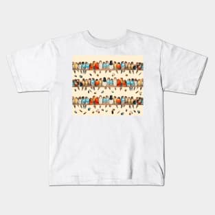 A PERCH OF COLORFUL BIRDS AND  FLYING FEATHERS PATTERN Kids T-Shirt